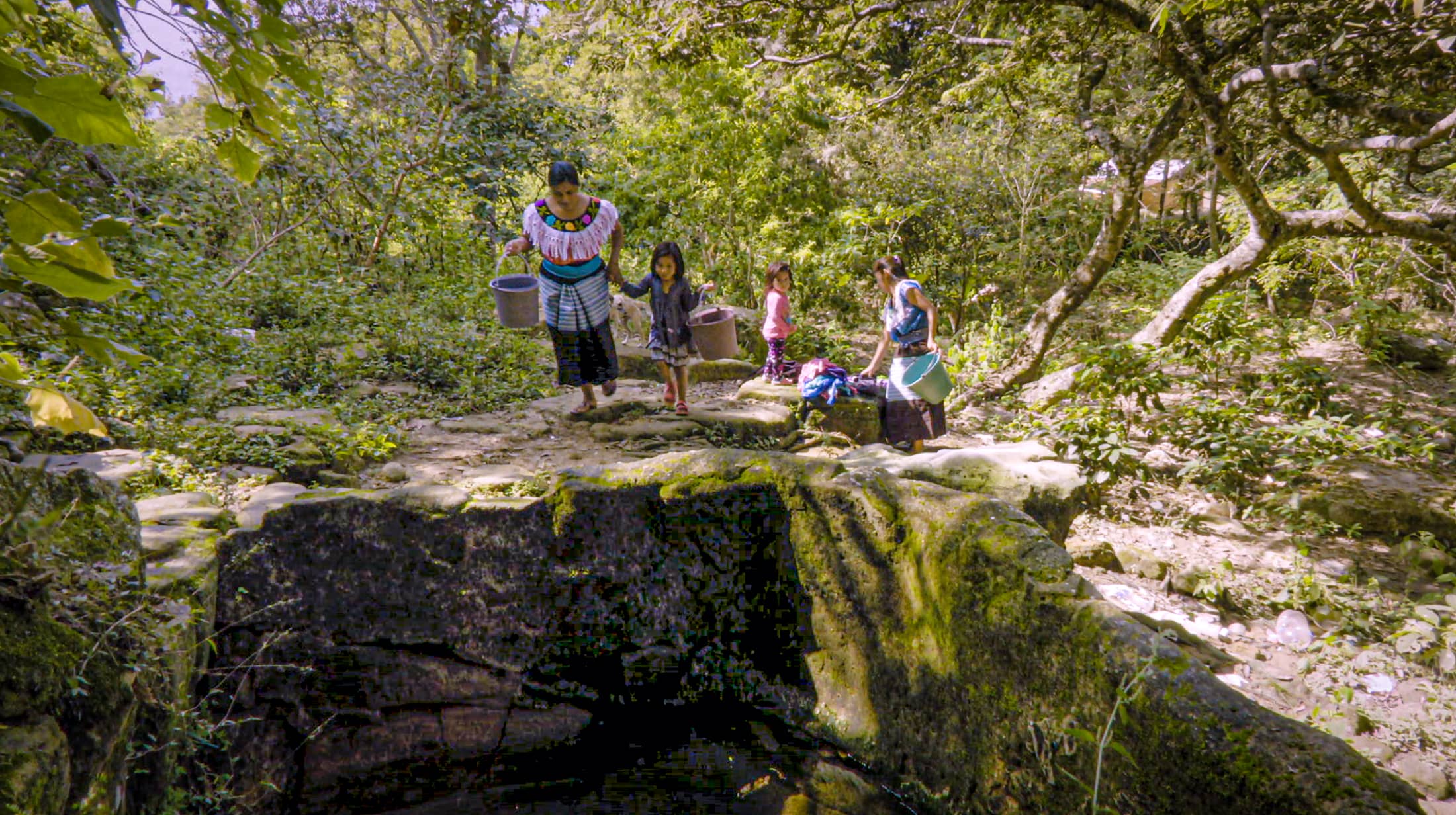 Mujeres tsotsiles acarrean agua insalubre para su día a día, en Sitalá, Chiapas.