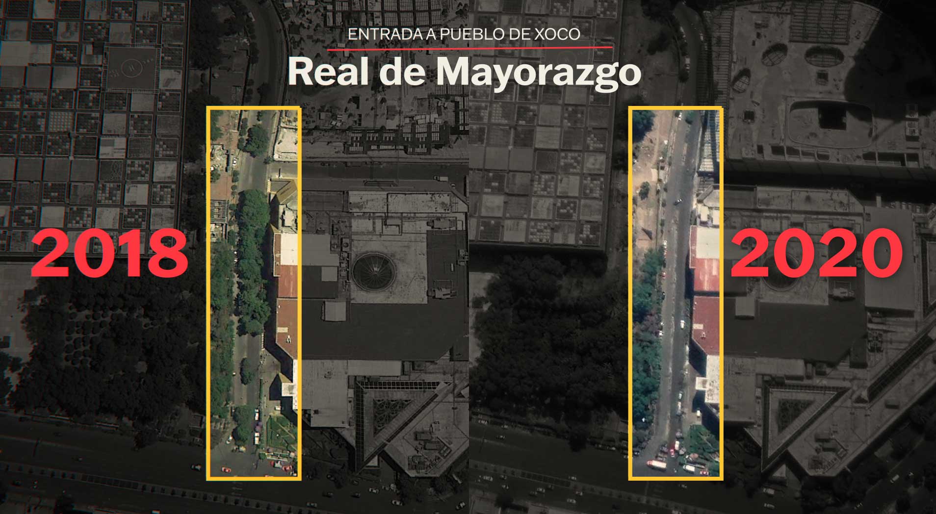 Comparativa de la entrada al Pueblo de Xoco por la calle Real de Mayorazgo.