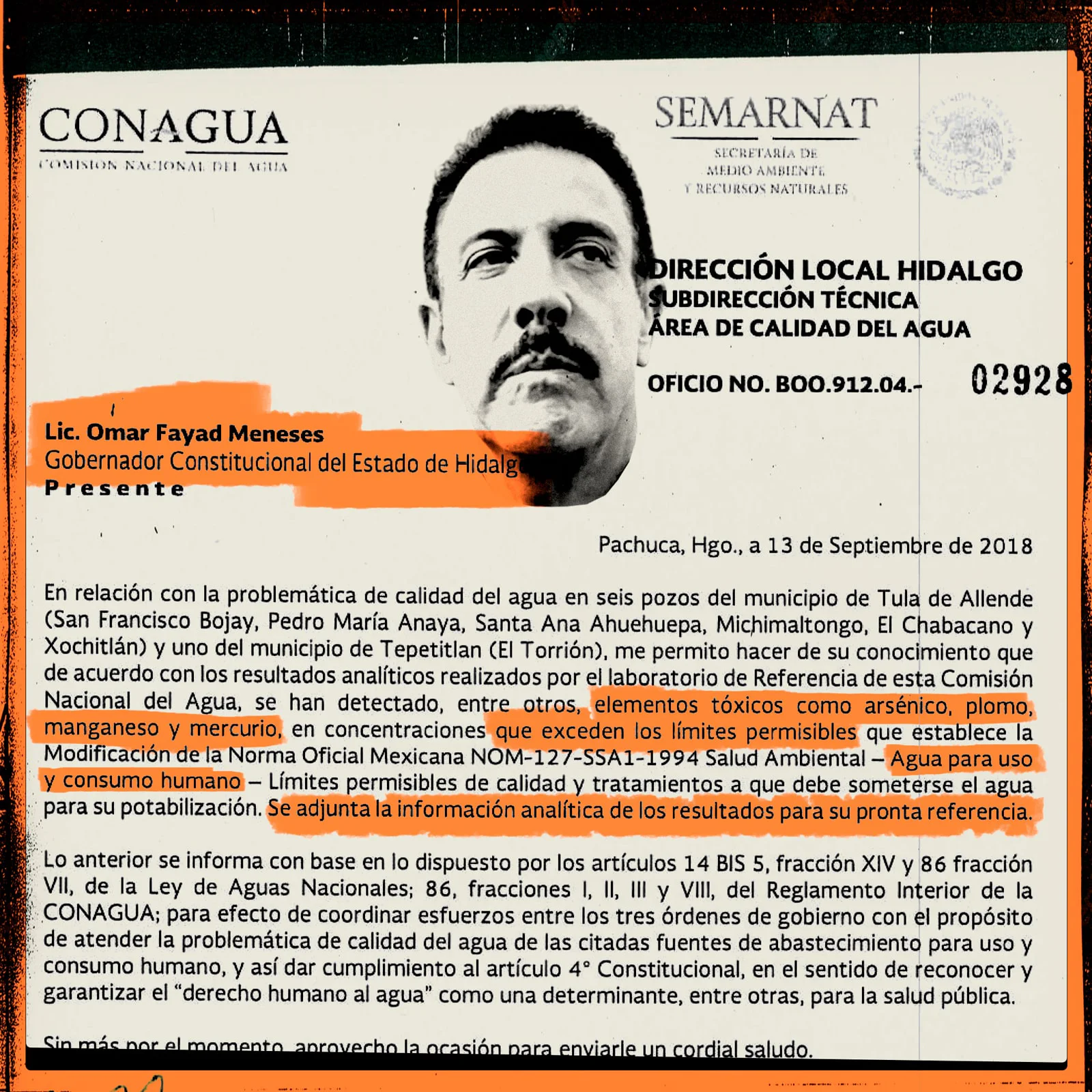 En septiembre de 2018, la Conagua turnó tres oficios con los resultados de los muestreos de los pozos contaminados a los presidentes municipales de Tula de Allende y Tepetitlán y Omar Fayad, gobernador de Hidalgo de 2016 a 2022.
