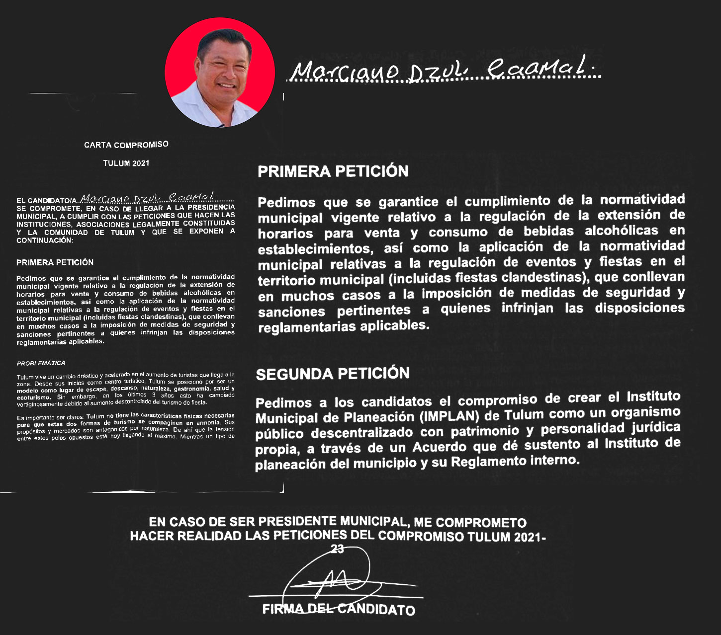 Carta compromiso firmada por el entonces candidato de Morena a la alcaldía de
                            Tulum,
                            Marciano Dzul, donde aceptó cambiar las irregularidades del actual modelo de desarrollo
                            urbano